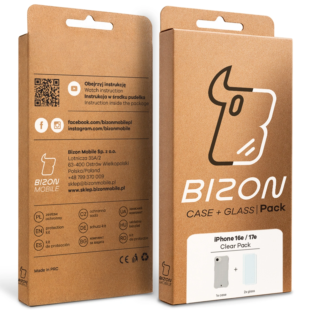 Kraftowe pudełko Bizon Case+Glass z dedykowaną etykietą do iPhone 17e/16e